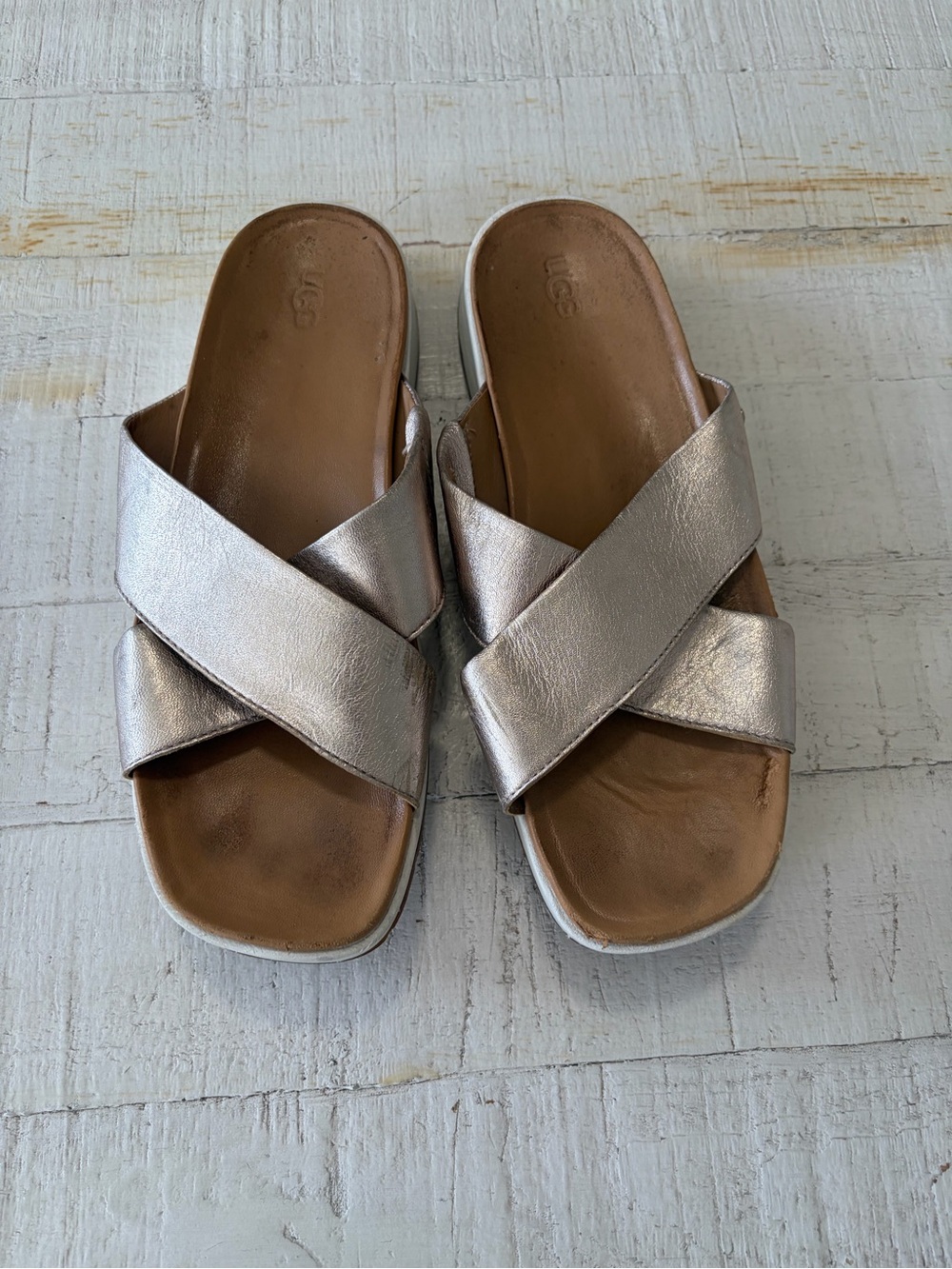 UGG Emily Slides size 10 Metallic Gold‎ Leather Sandals Criss Cross Straps - Picture 2 of 13